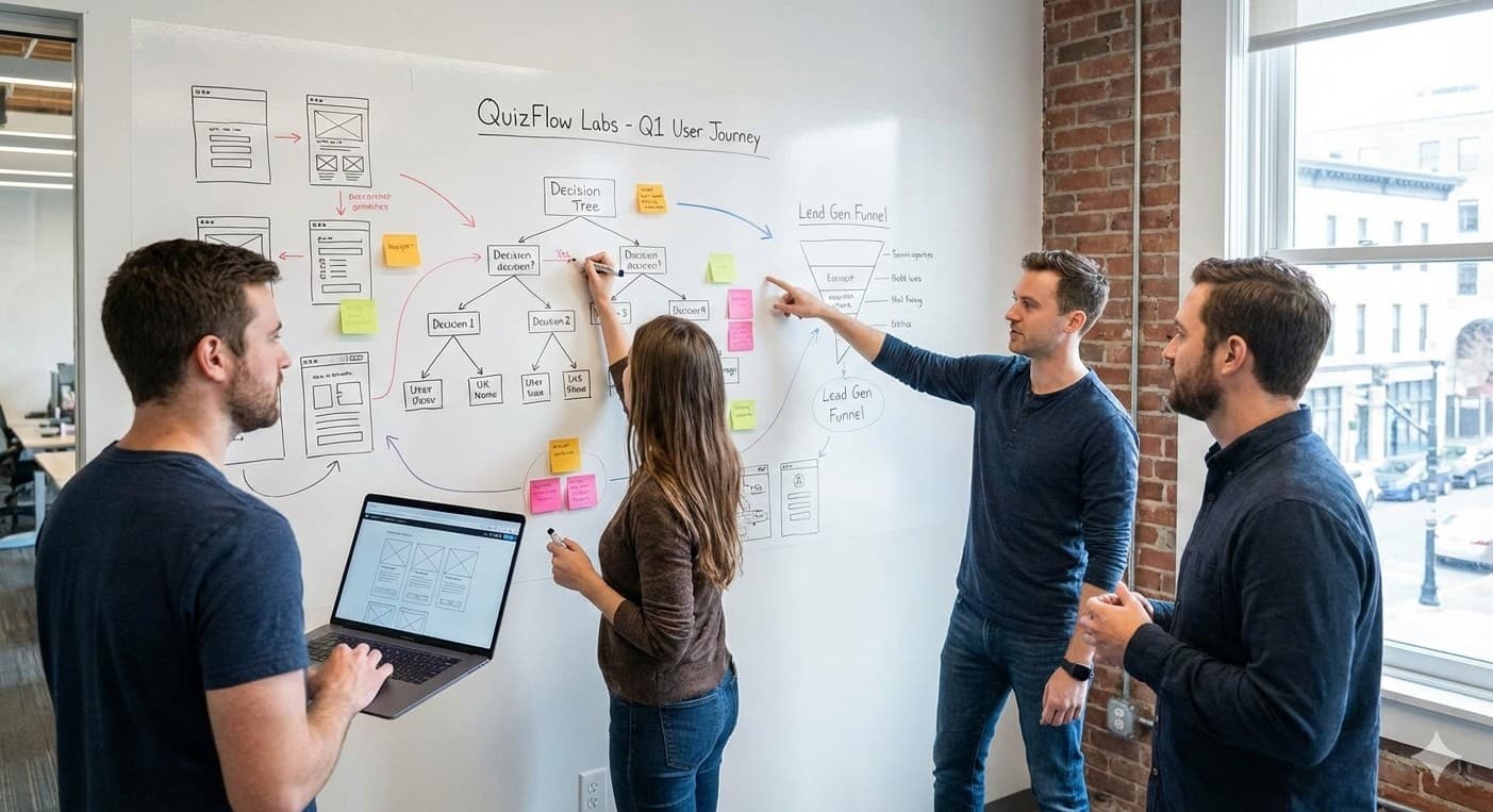 Product team collaborating on a whiteboard