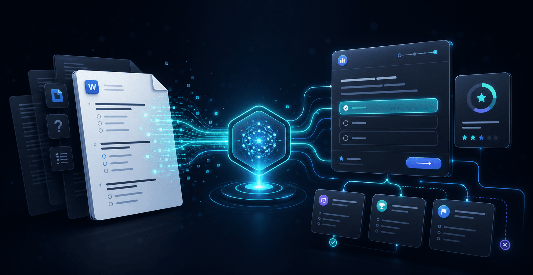 AI-powered quiz import automation converting a static document into an interactive quiz flow.